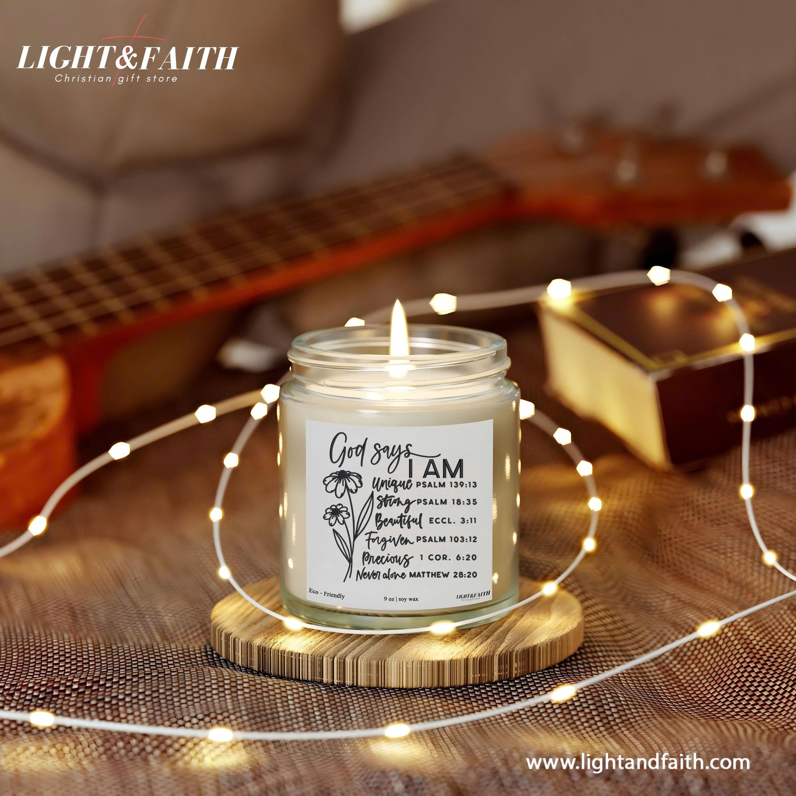 Christian Jesus Candle, God Says I Am, Inspirational Bible Verses, Unique Gift for Christmas, Strength, Beauty, Forgiveness CDLAF18